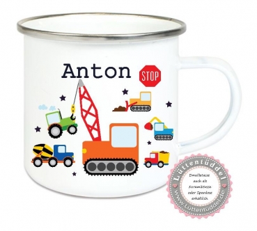 Preview: ♥ zauberhafte Tasse Emailletasse, Becher,  Baustelle, Fahrzeuge, Bagger, Traktor, Kran, Kipper, Sterne Name,  Wunschname, KITA Kindergarten, Einschulung, Dankeschön, Abschied, Jubiläum, Geschenk, Becher von Lüttentüddel